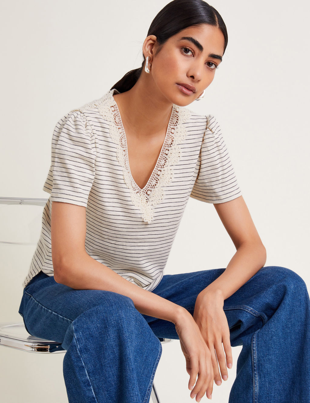 Cotton Rich Striped V-Neck T-Shirt | Monsoon | M&S