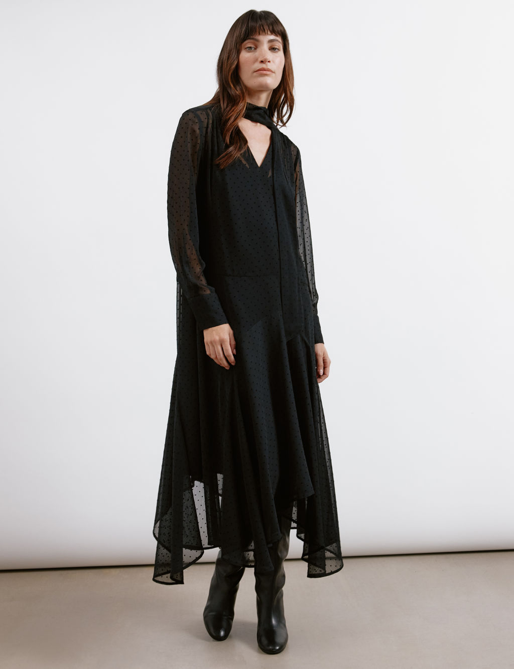 Jacquard Tie Neck Midi Swing Dress
