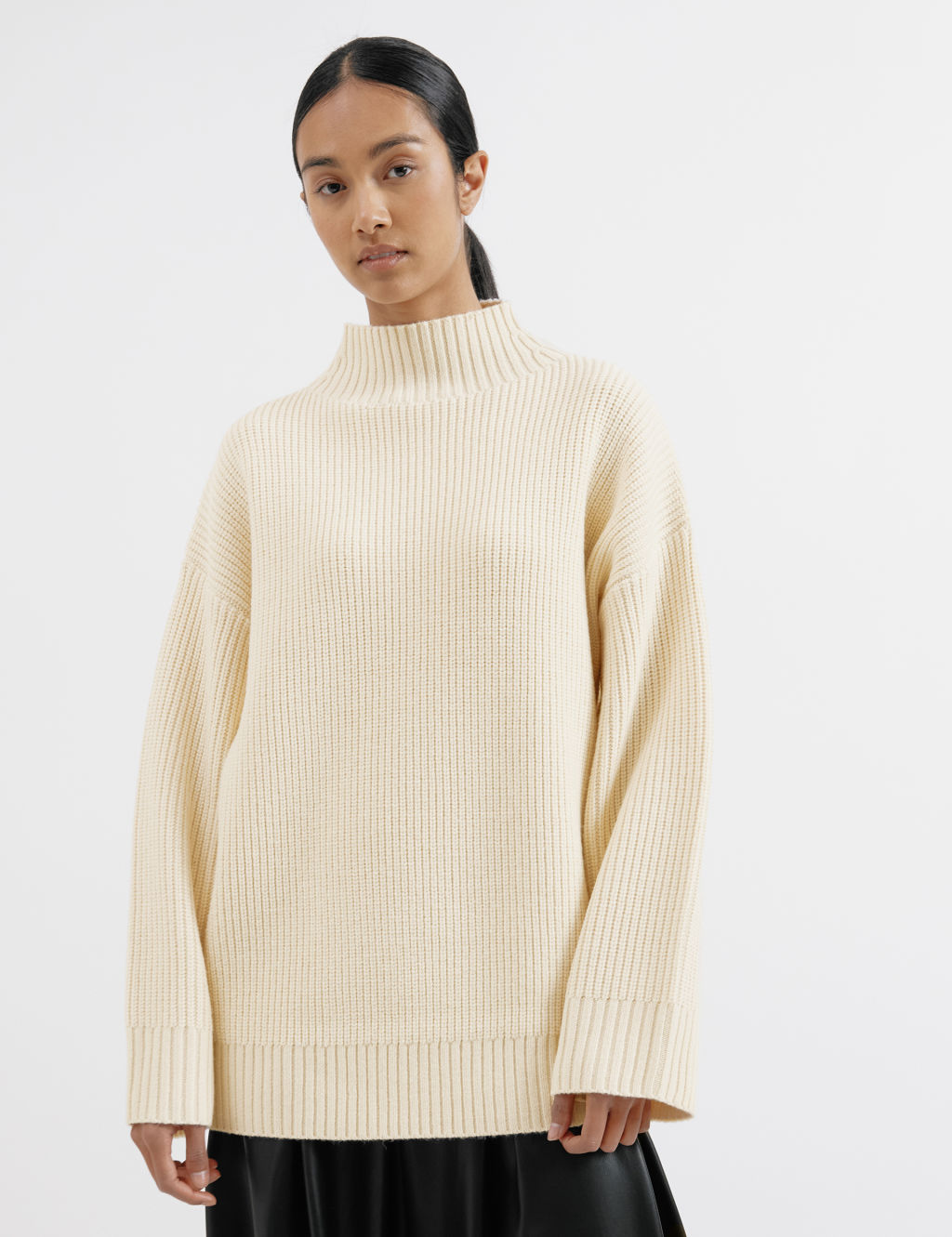 Ribbed Funnel Neck Jumper with Wool