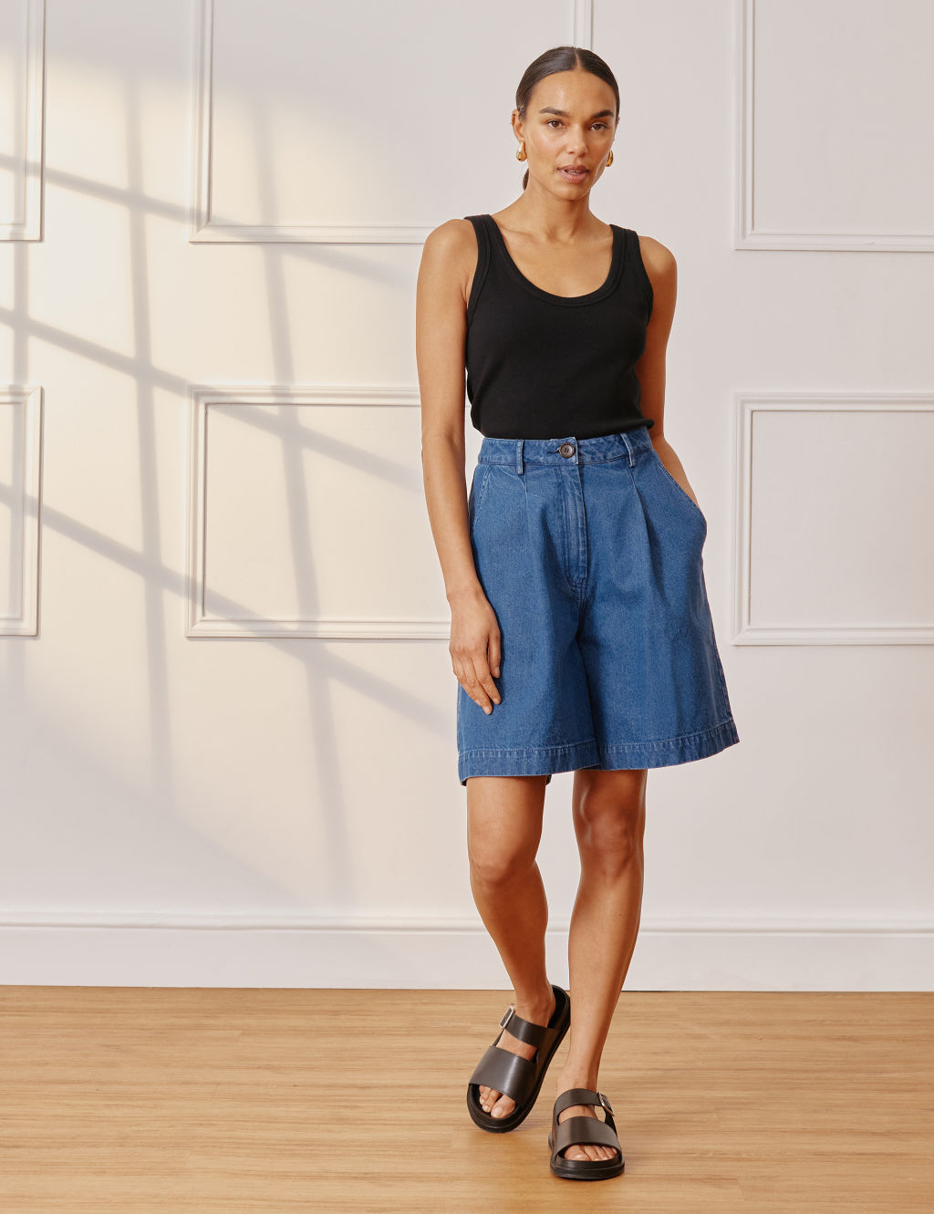 Denim Pleat Front Long Shorts