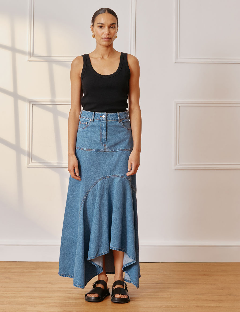 Denim Maxi Asymmetric Skirt