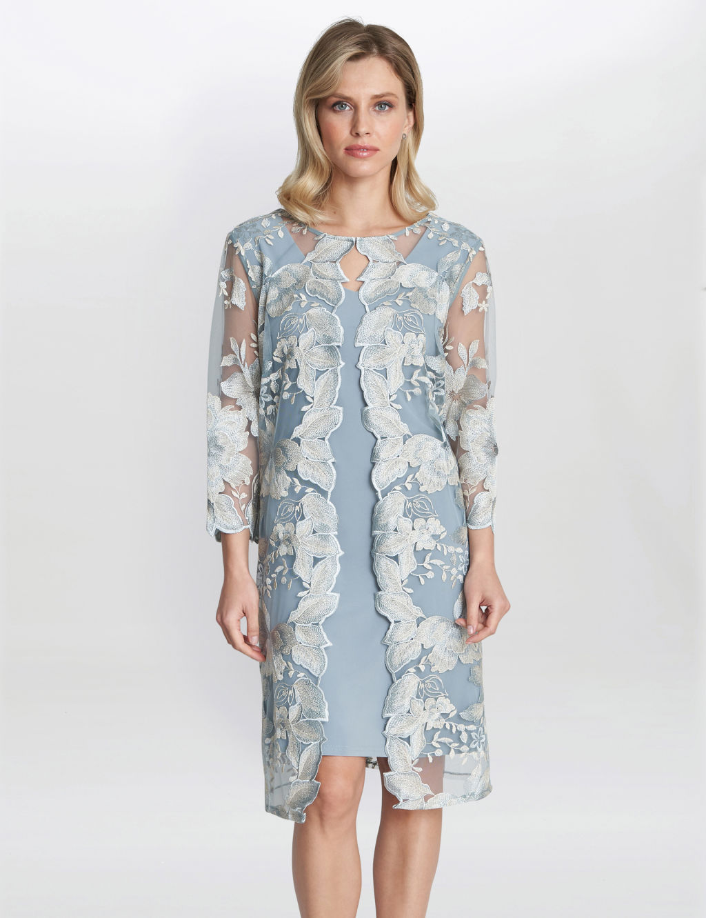 Gina Bacconi S Haila Crepe and Embroidery Dress Turquoise and Pink STT2626