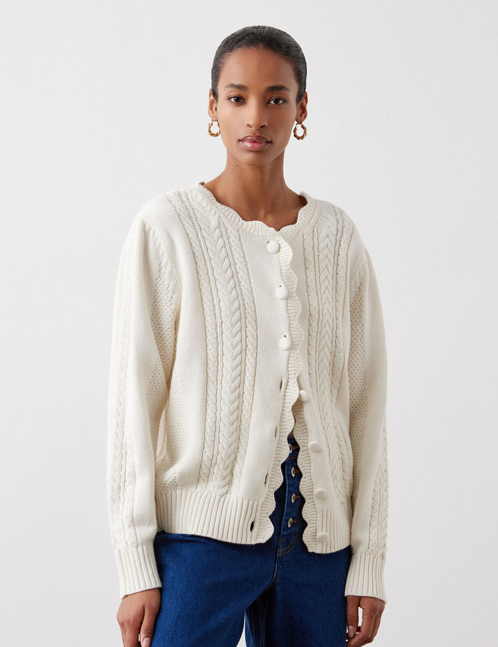 Textured Crew Neck Cardigan with Wool