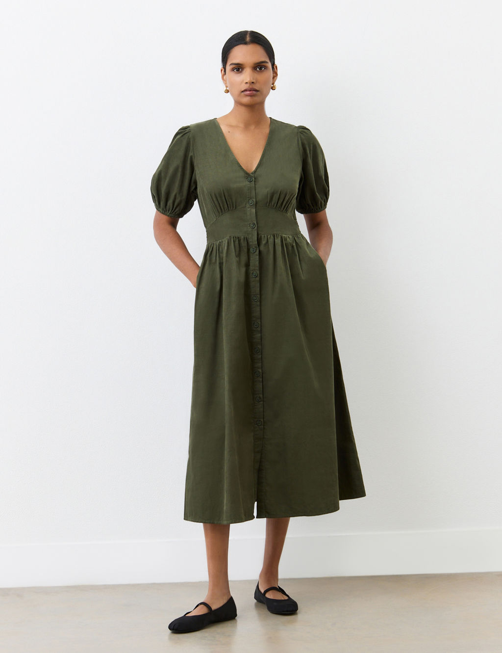 Corduroy V-Neck Midi Tea Dress