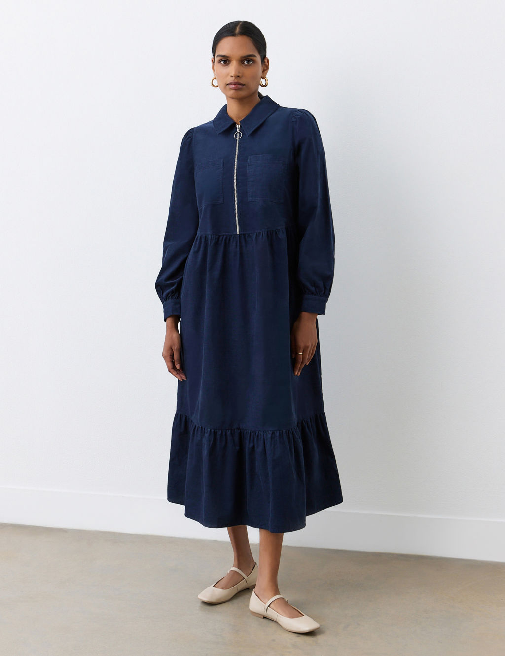Corduroy Zip Neck Midi Tiered Dress