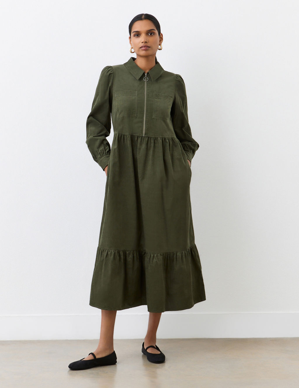 Corduroy Zip Neck Midi Tiered Dress