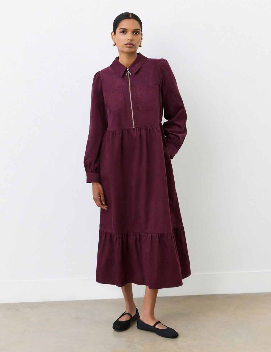 Corduroy Zip Neck Midi Tiered Dress