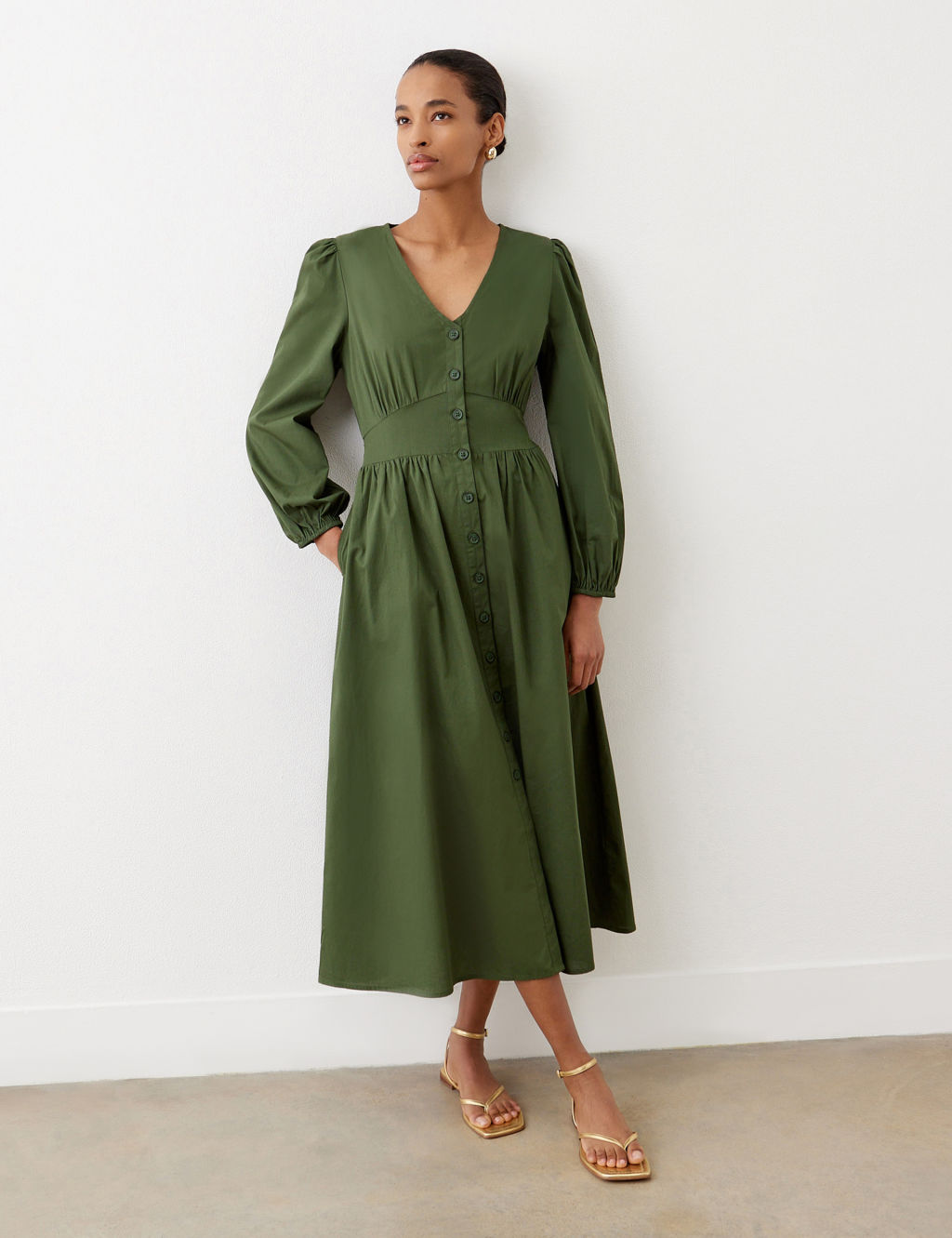 Pure Cotton V-Neck Midi Tea Dress