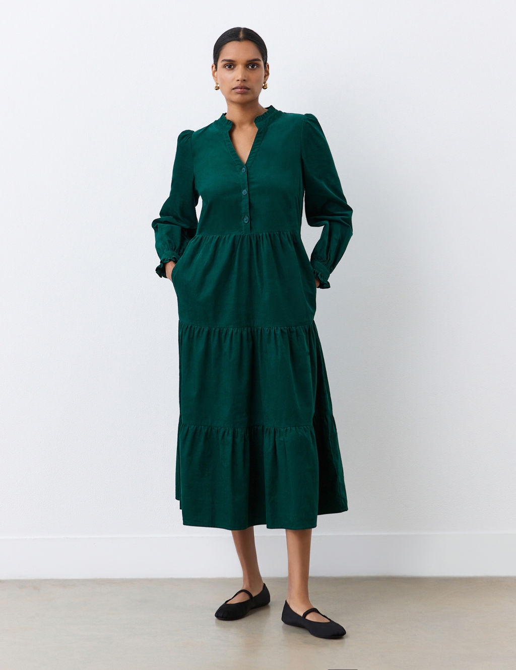 Cord Button Front Midi Tiered Dress