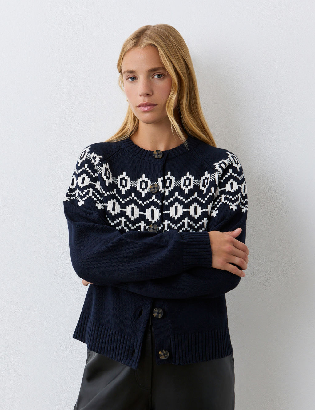 Cotton Blend Patterned Button Front Cardigan