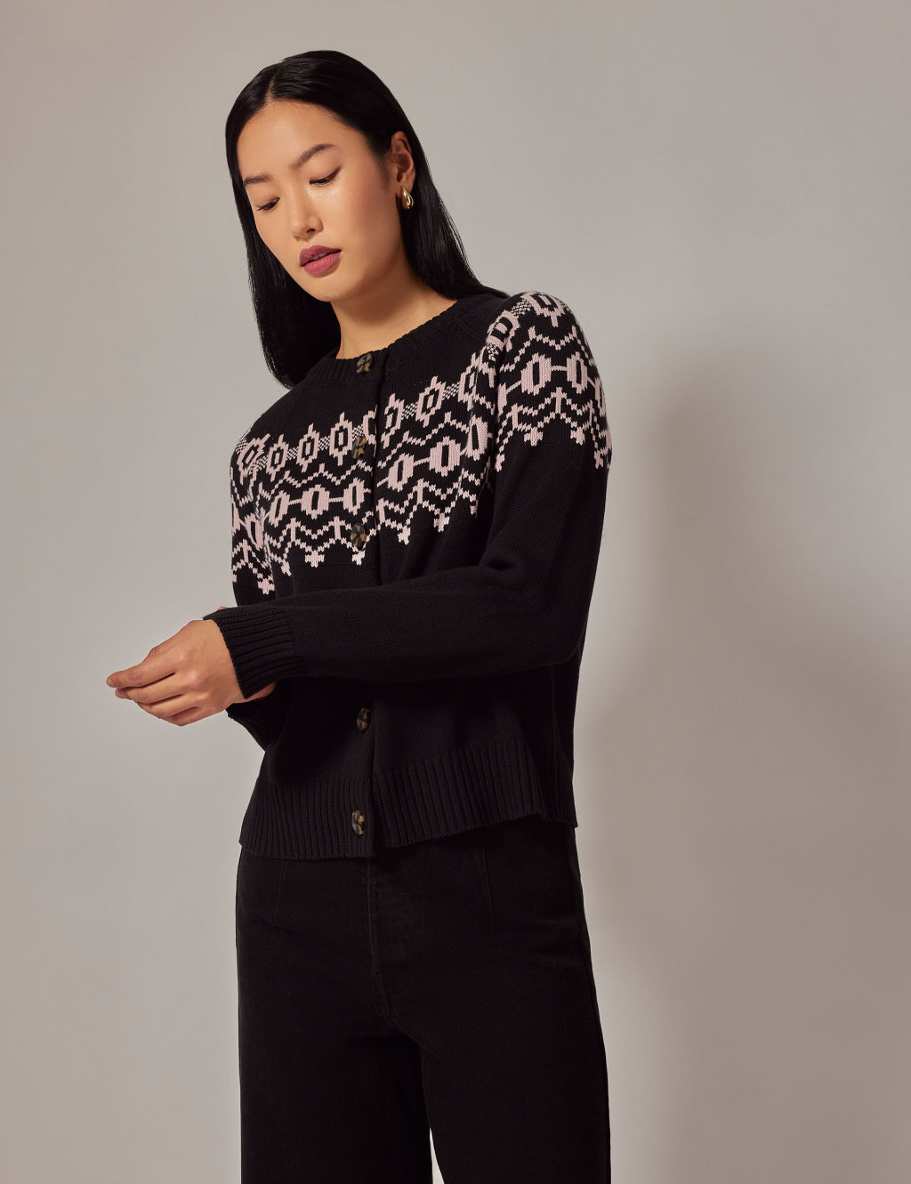 Cotton Blend Patterned Button Front Cardigan