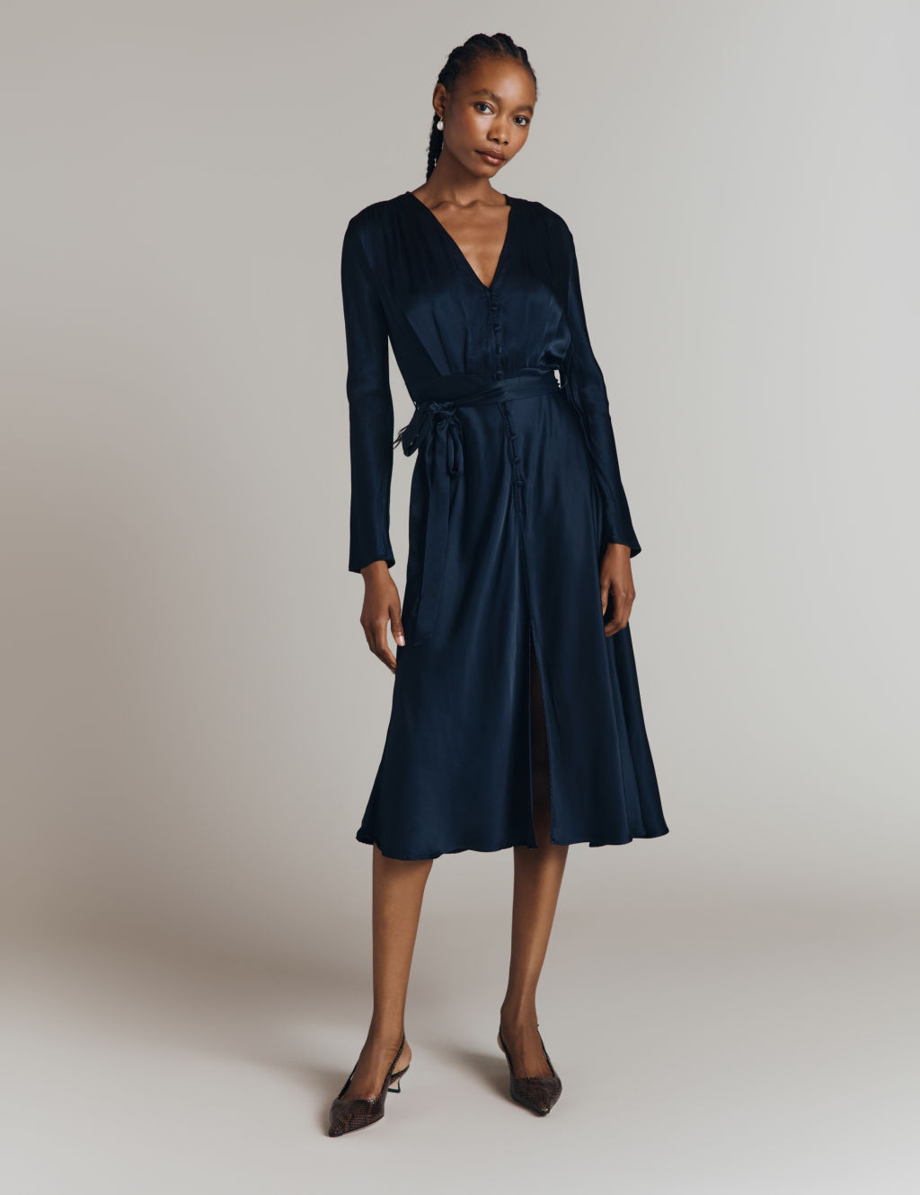 Satin V-Neck Belted Midi Waisted Dress