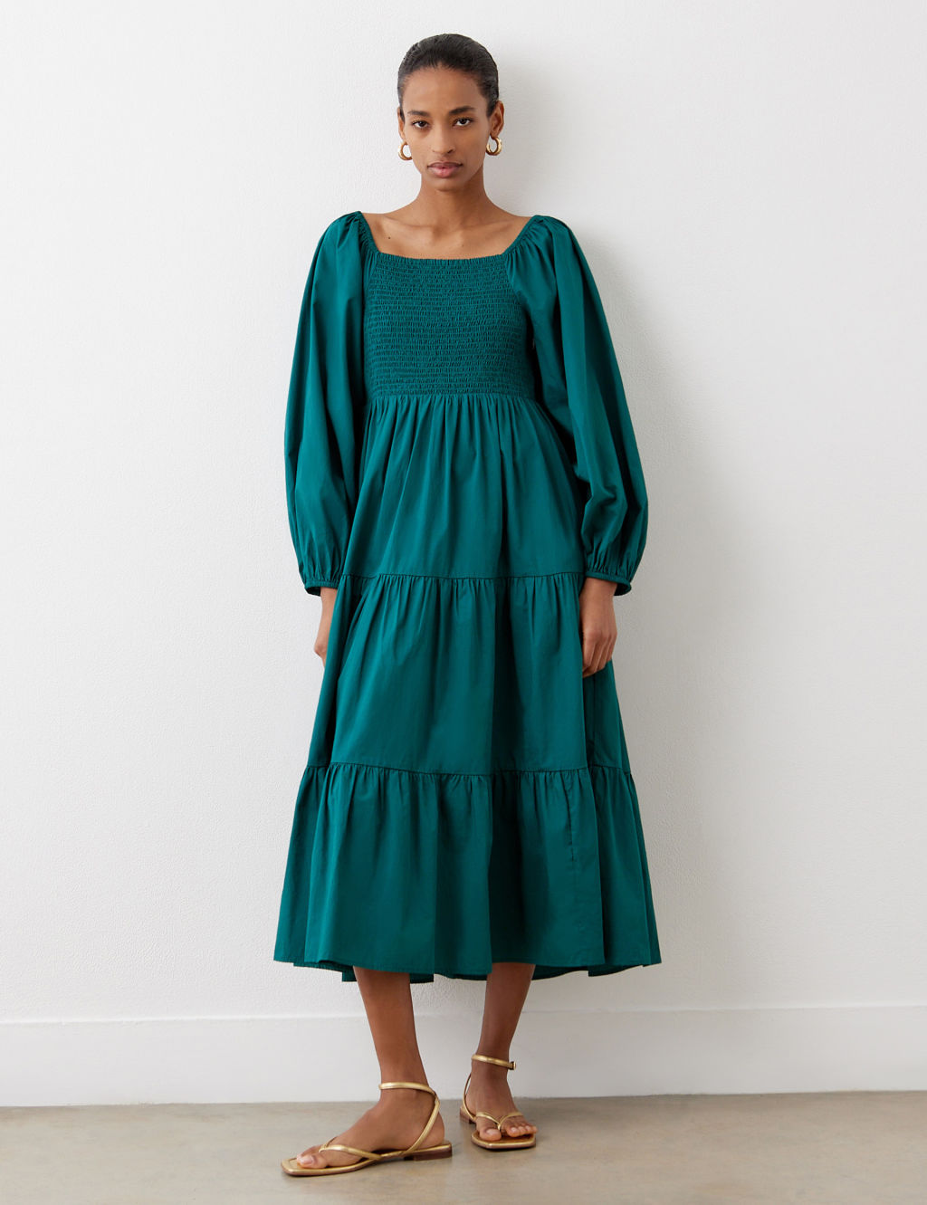 Pure Cotton Square Neck Midi Tiered Dress