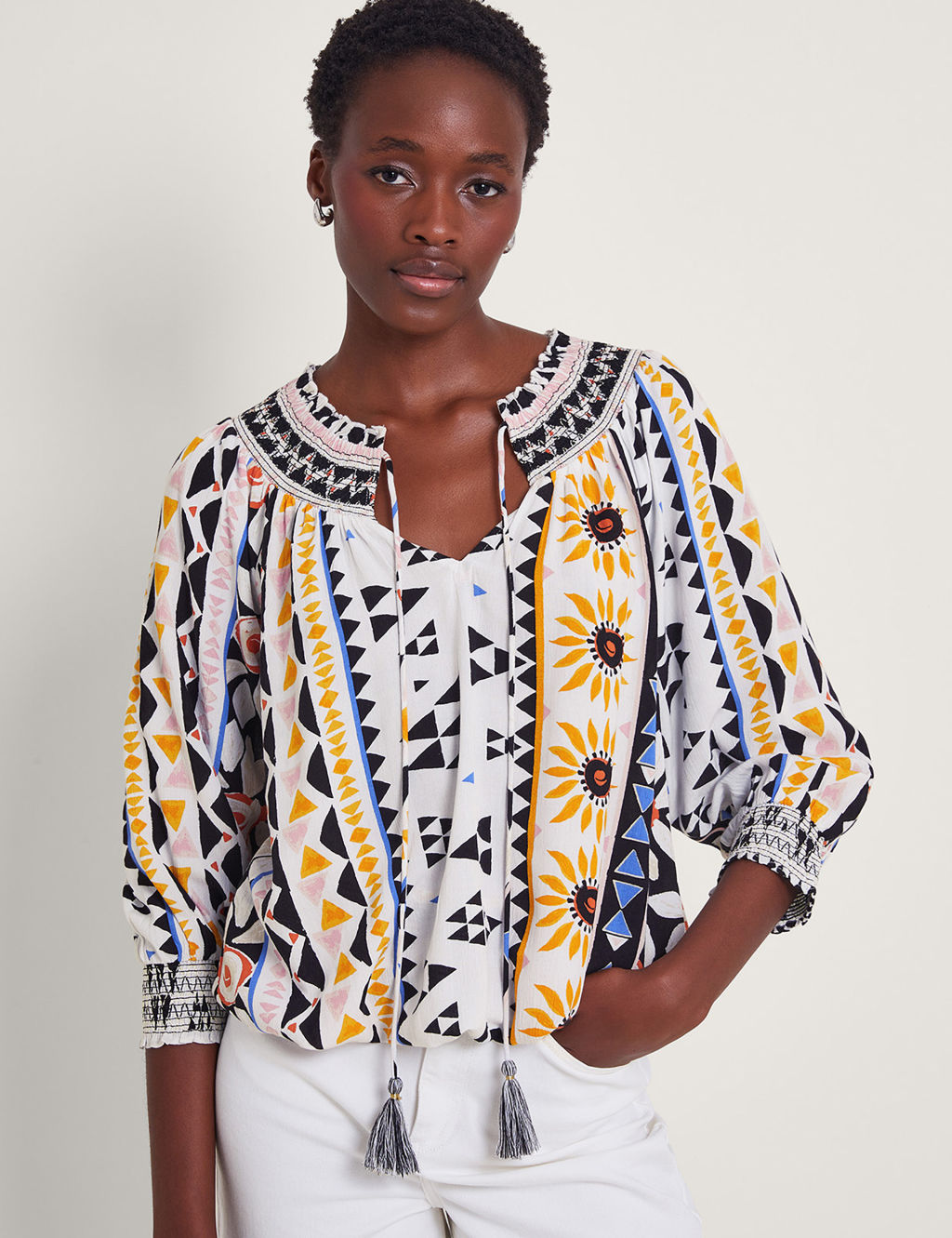 Printed Tie Neck Shirred Detail Blouse 3 of 4