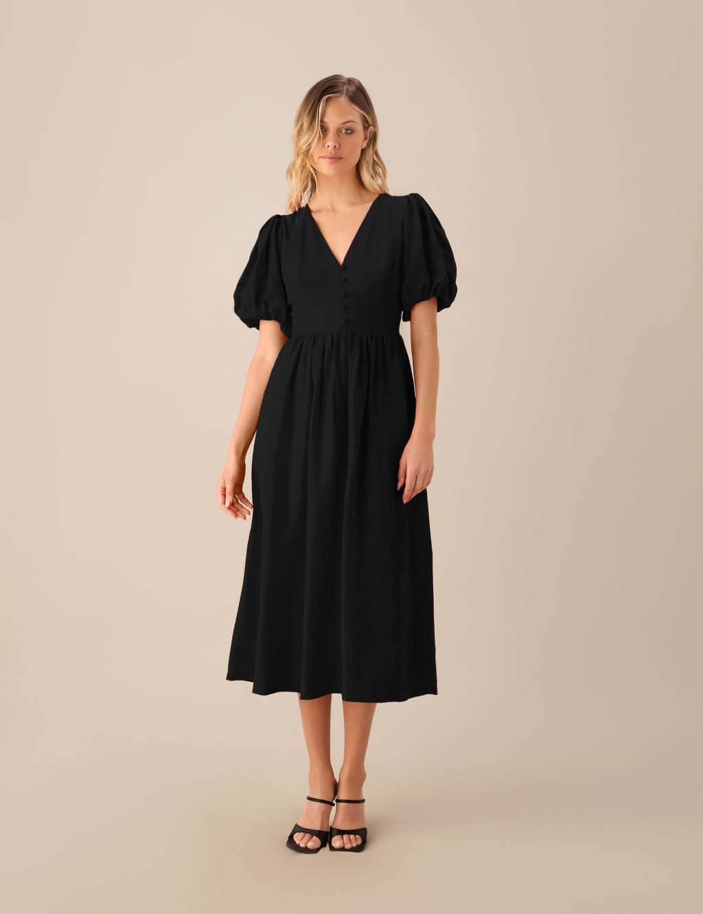 V-Neck Puff Sleeve Midi Tea Dress