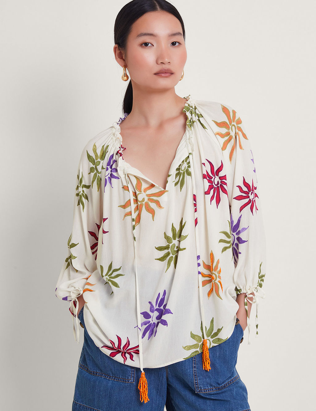 Embroidered Floral Tie Neck Tassel Blouse 3 of 4