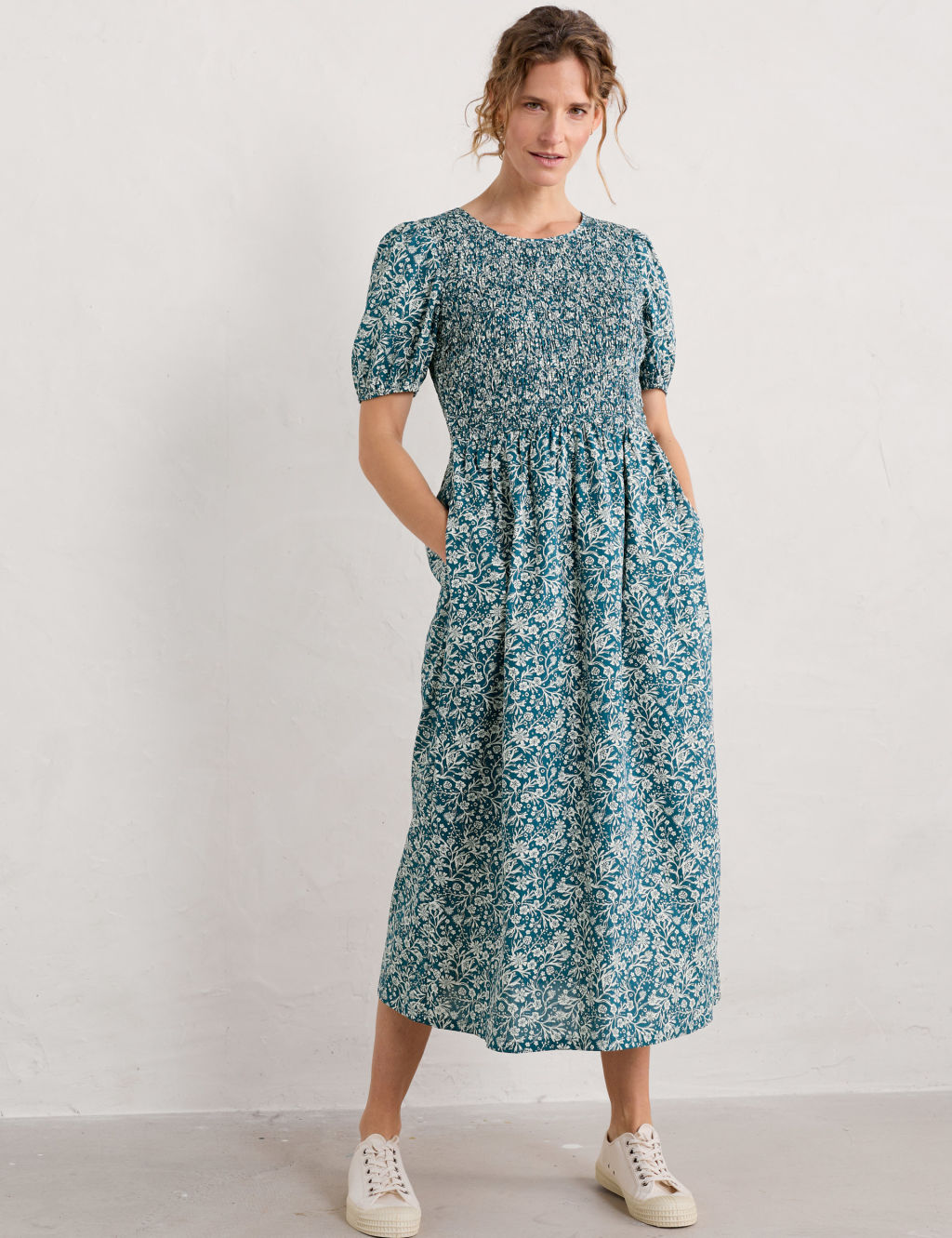 Pure Cotton Floral Midaxi Waisted Dress