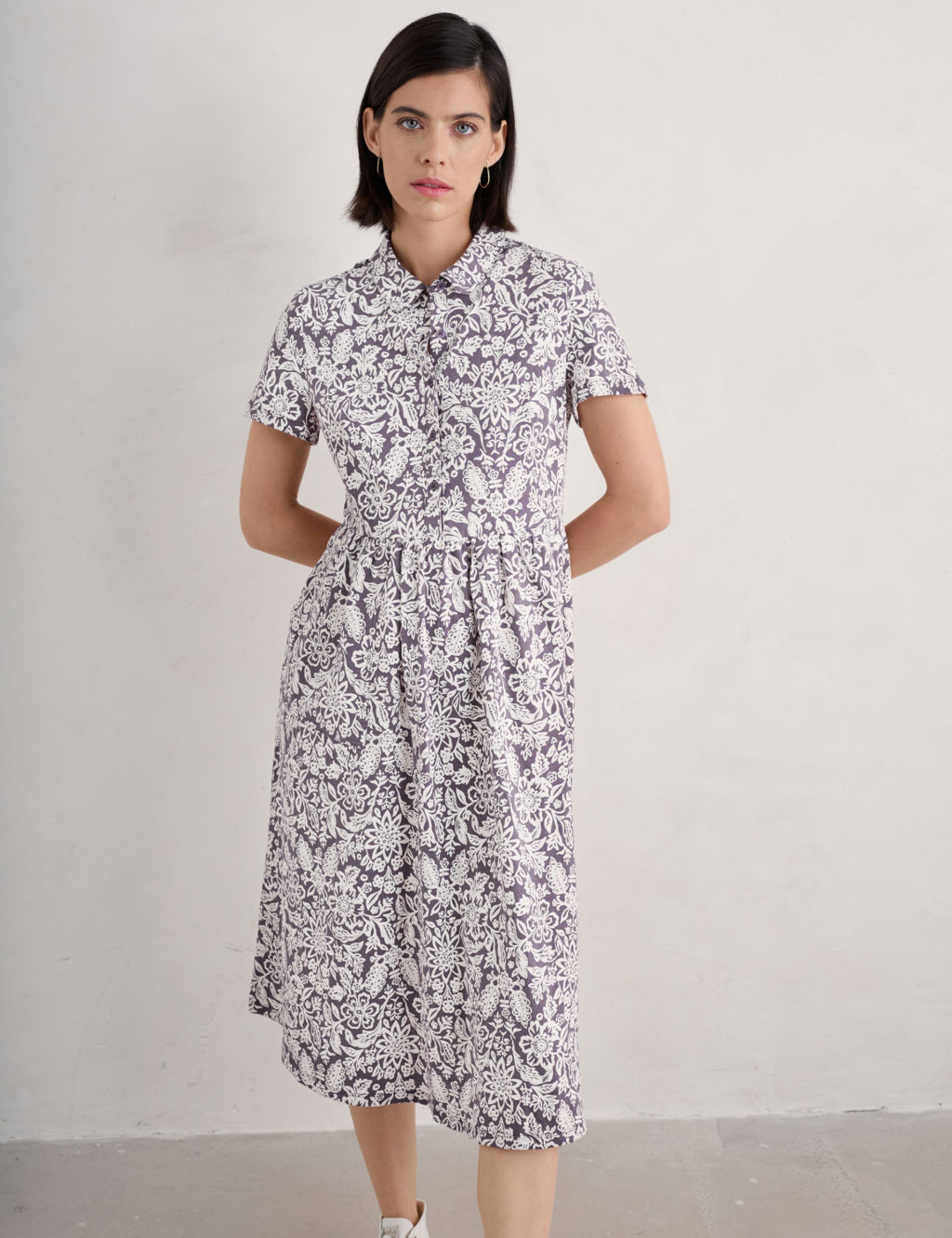 Pure Cotton Floral Midi Waisted Dress