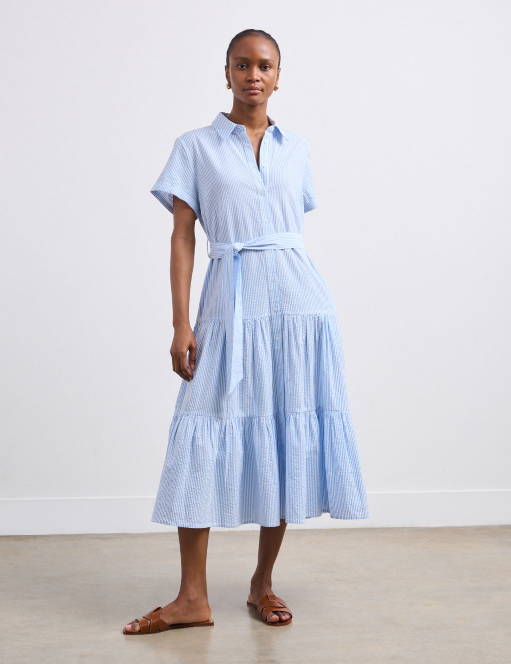 Pure Cotton Striped Collared Midi Tiered Dress