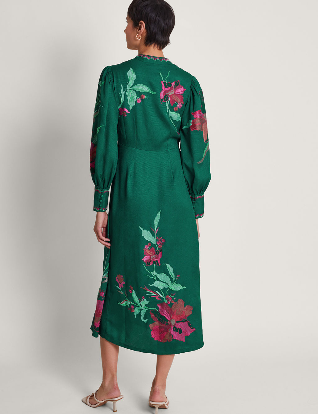 Floral Embroidered V-Neck Midi Waisted Dress | Monsoon | M&S