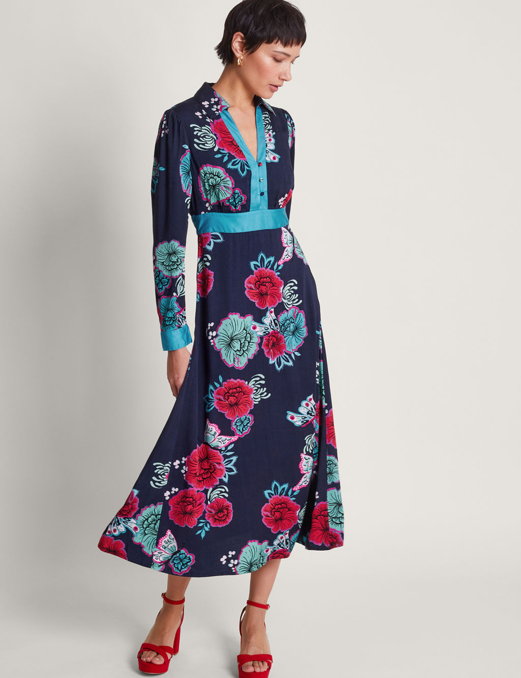 Floral Button Front Midi Shirt Dress