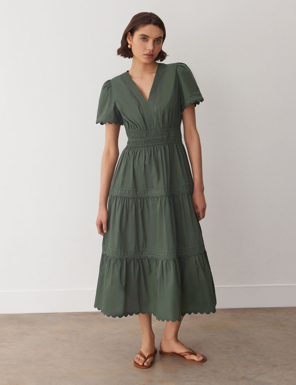 Pure Cotton V-Neck Midi Tiered Dress