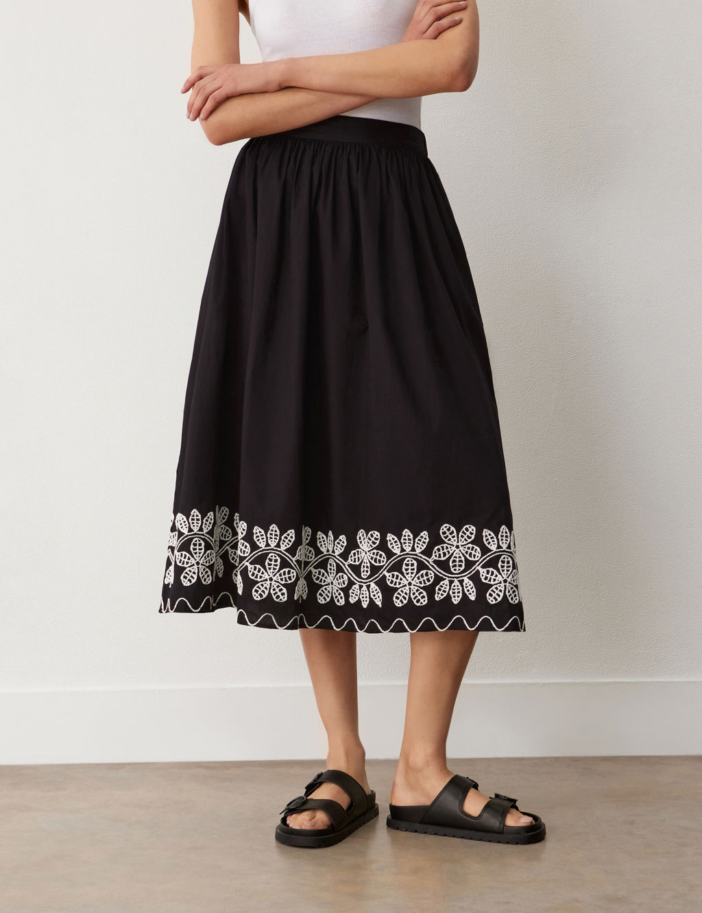 Pure Cotton Embroidered Midi A-Line Skirt