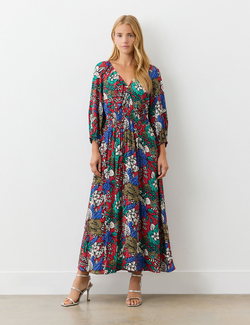 Crepe Floral V-Neck Midi Waisted Dress