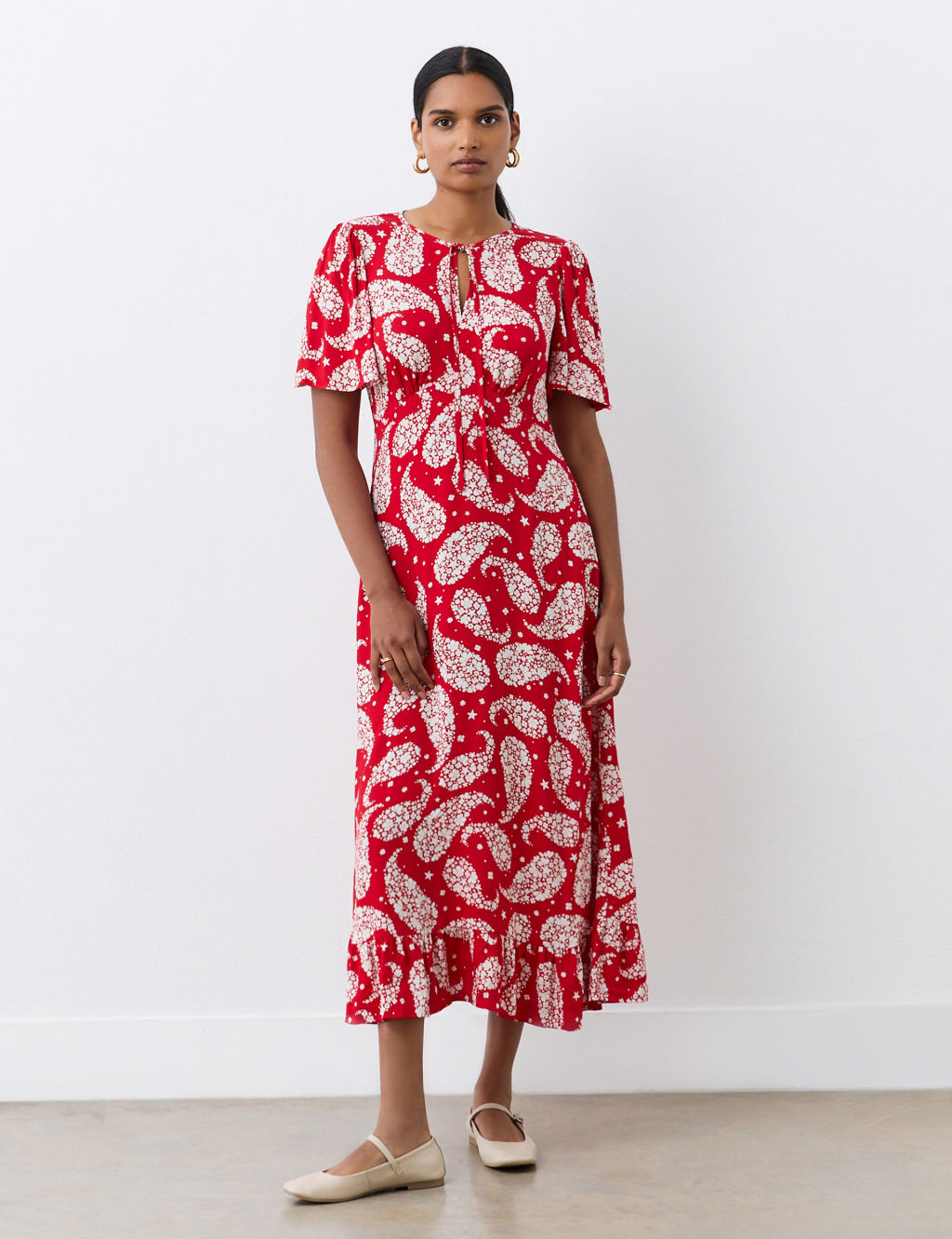 Crepe Paisley Tie Neck Midi Tea Dress