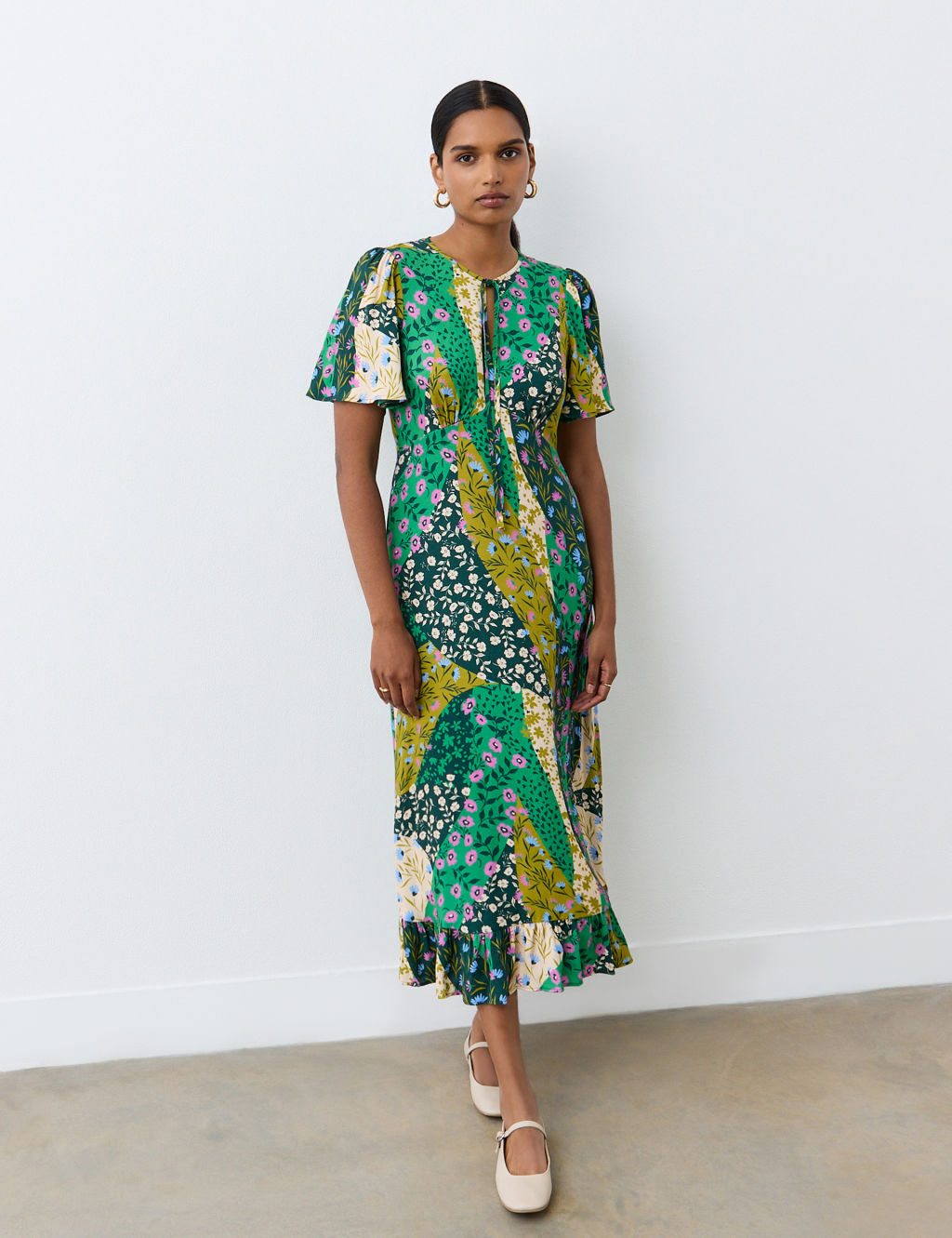 Crepe Paisley Tie Neck Midi Tea Dress