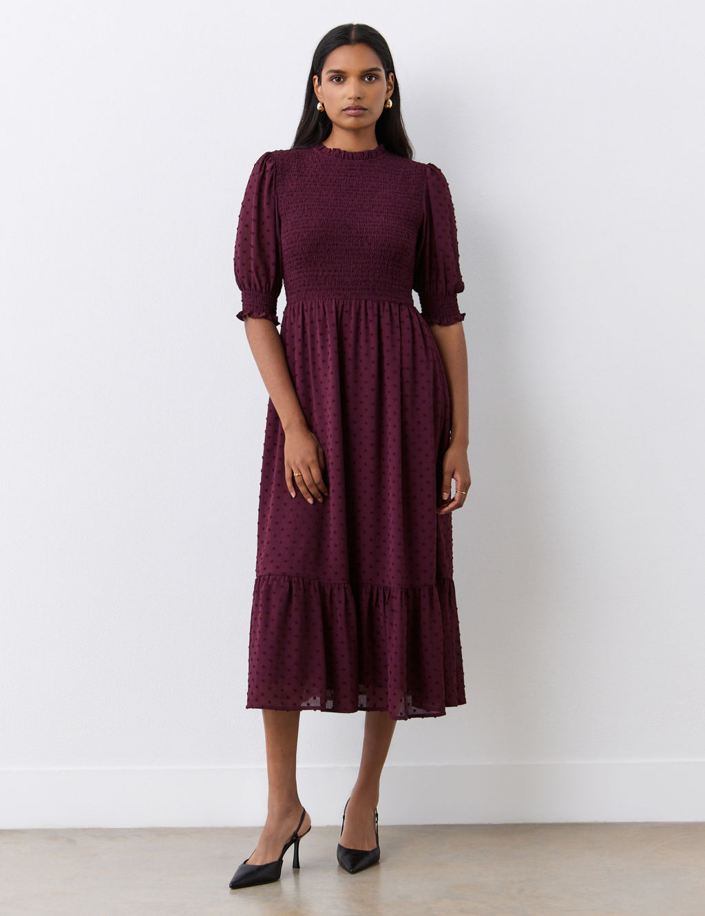 Georgette Textured Shirred Midi Tea Dress