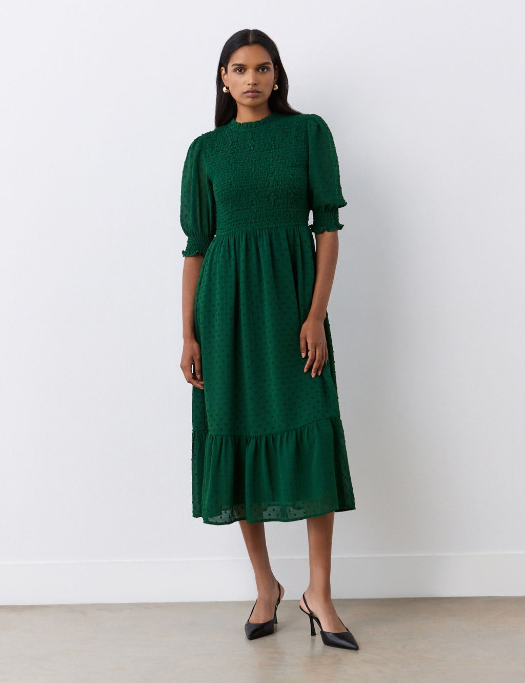 Georgette Textured Shirred Midi Tea Dress