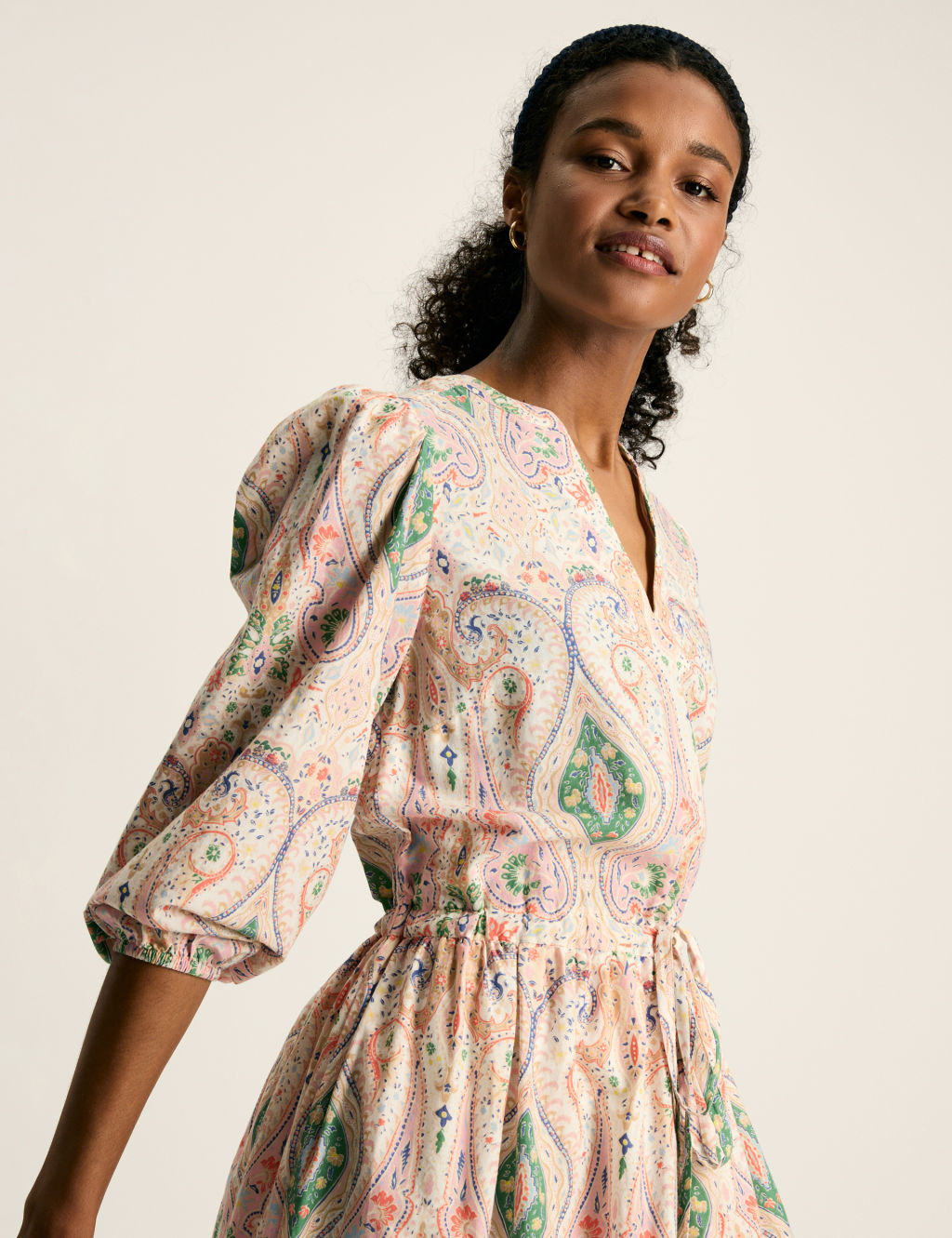 Pure Cotton Paisley V-Neck Maxi Waisted Dress