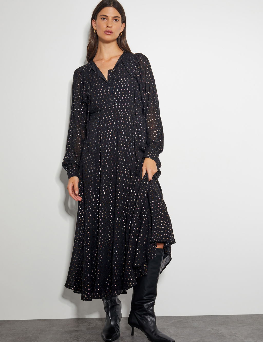 Metallic Polka Dot Notch Neck Midi Tea Dress