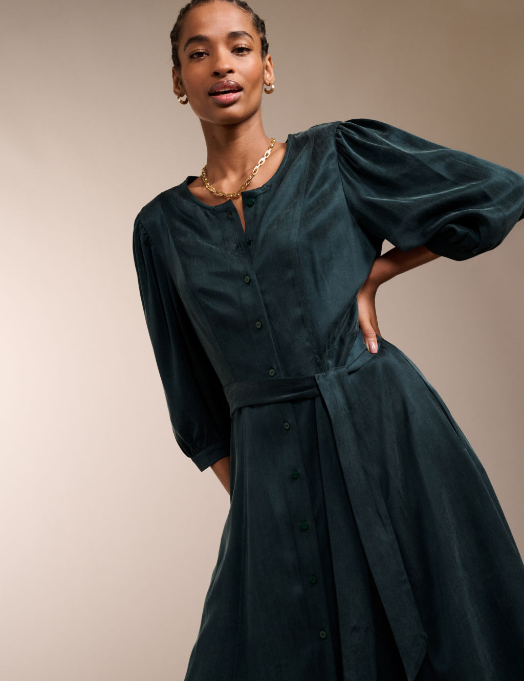 Cupro Blend Belted Midi Smock Dress