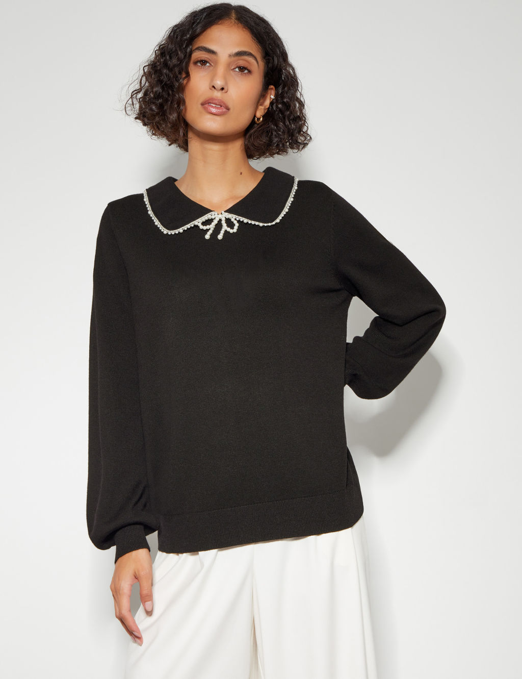 Embellished Collared Blouson Sleeve Jumper