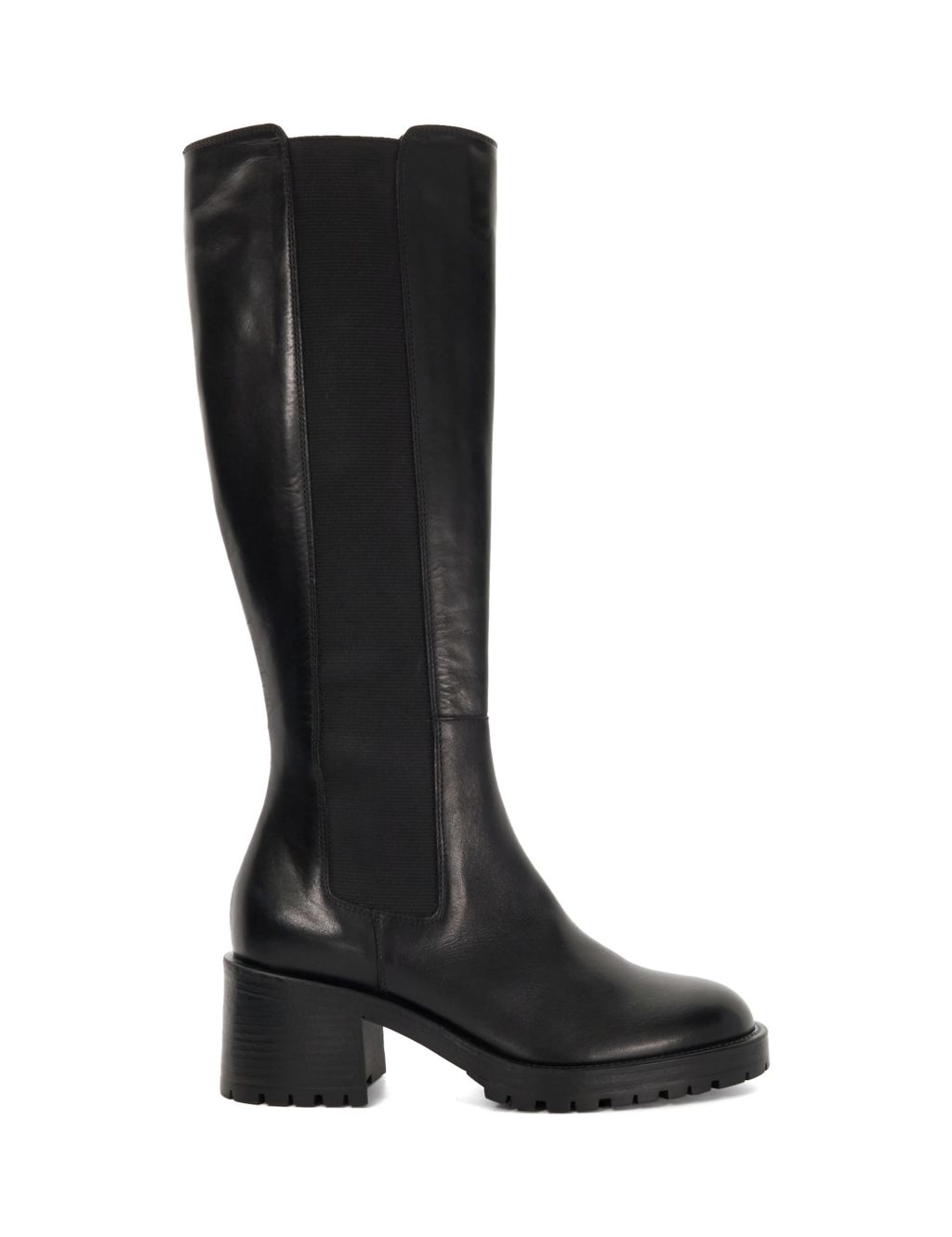 Leather Block Heel Round Toe Knee High Boots