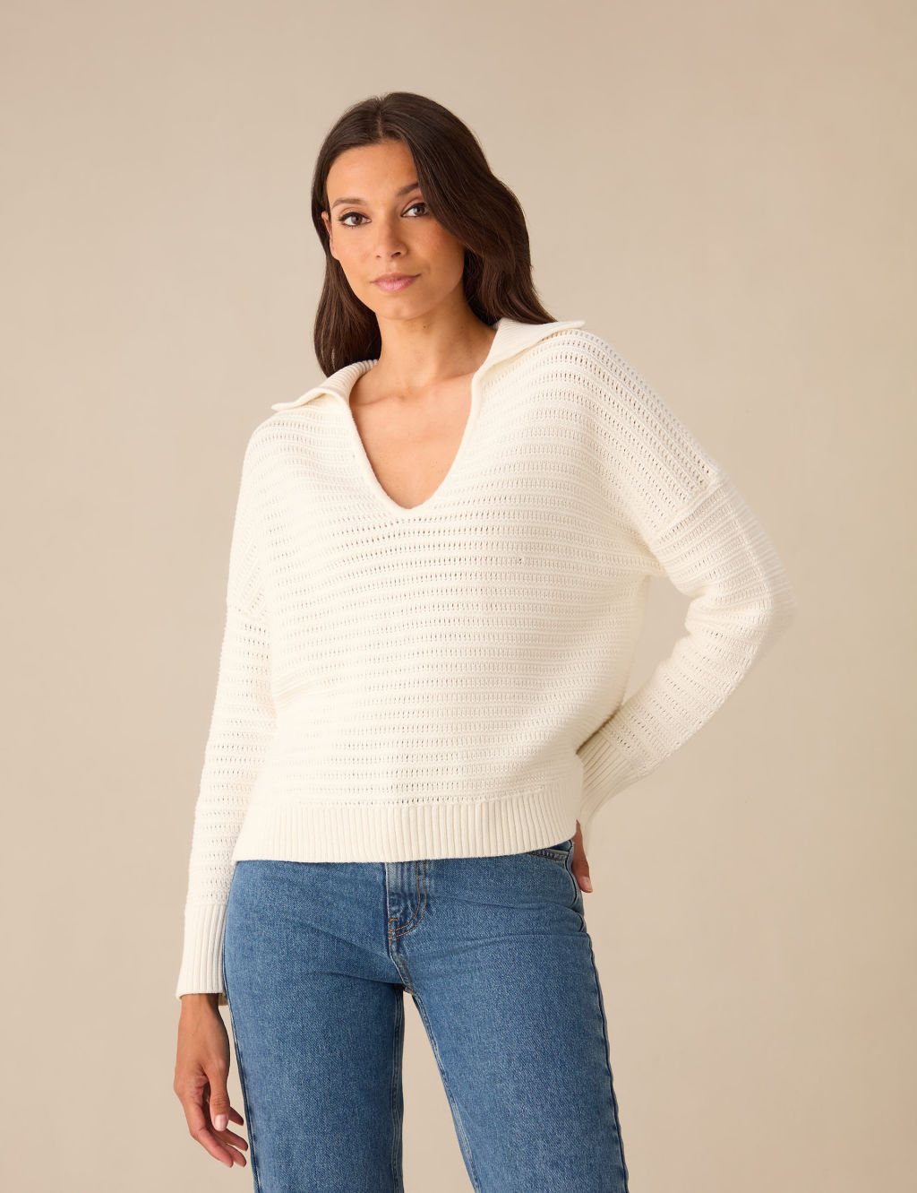 Pure Cotton Textured Collared V-Neck Jumper