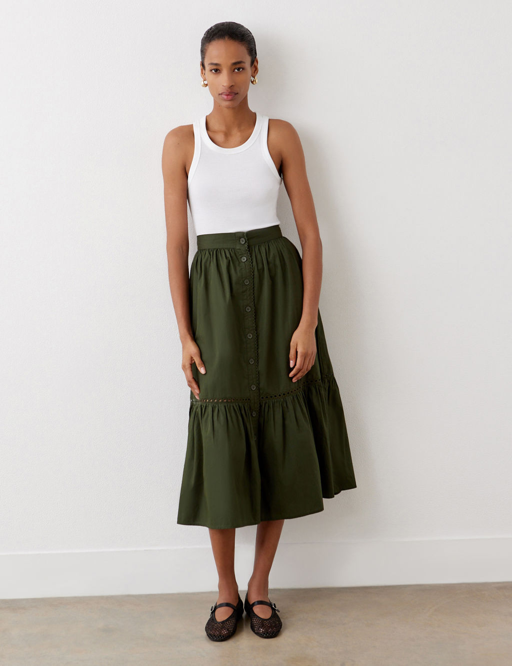 Pure Cotton Button Front Midi Tiered Skirt