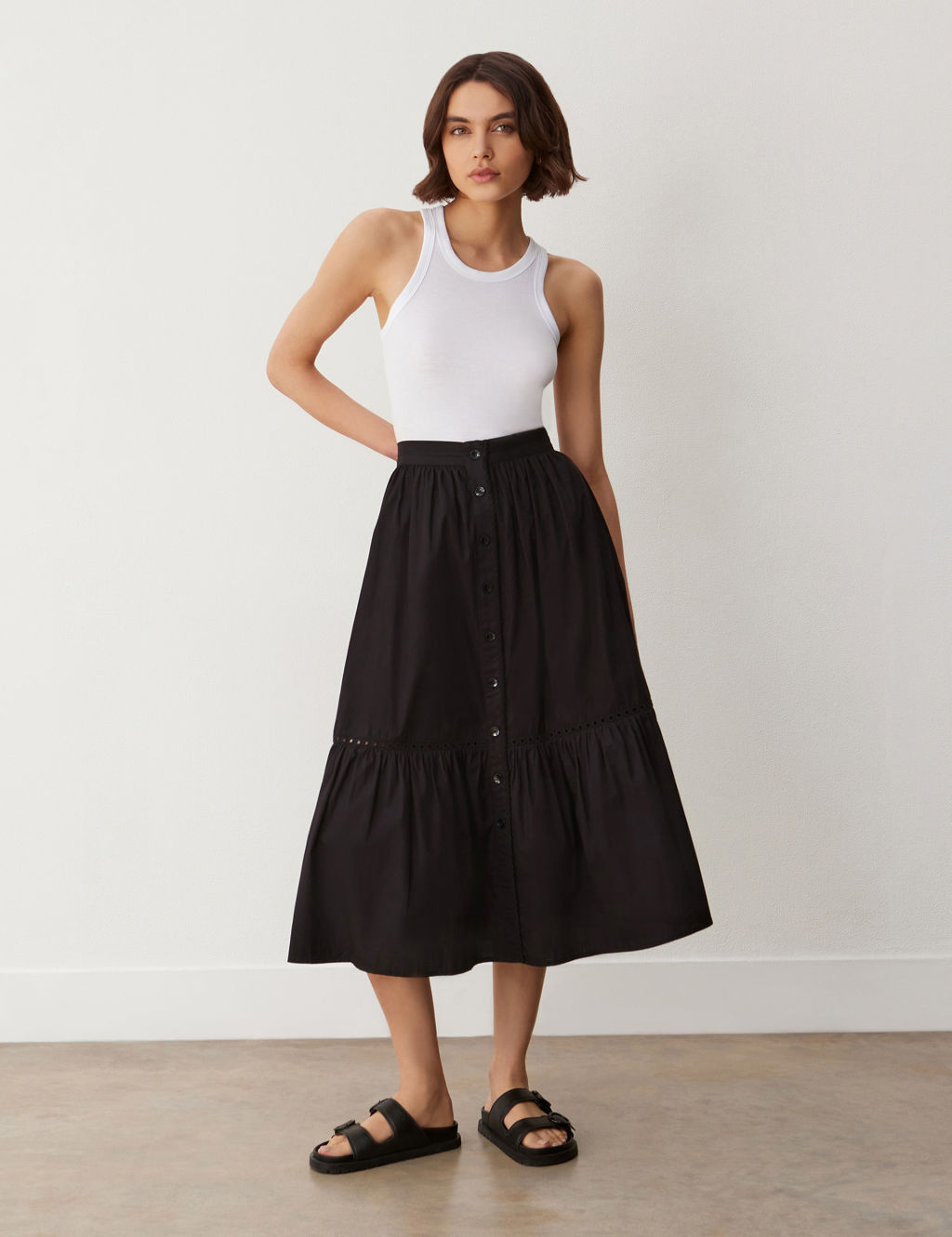 Pure Cotton Button Front Midi Tiered Skirt