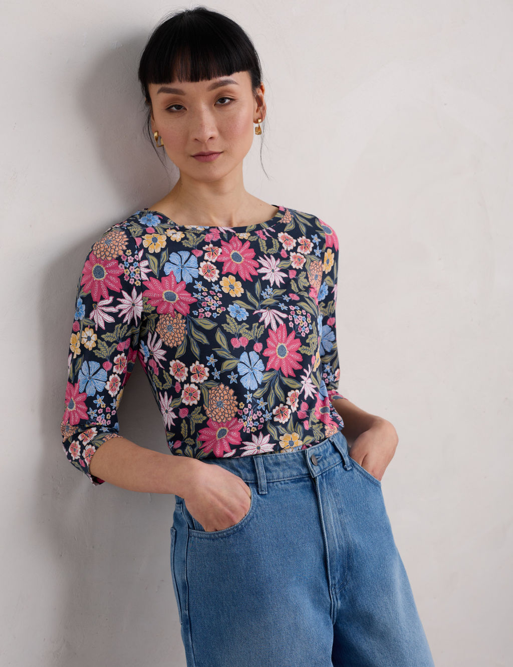 Cotton Rich Floral Slash Neck Top