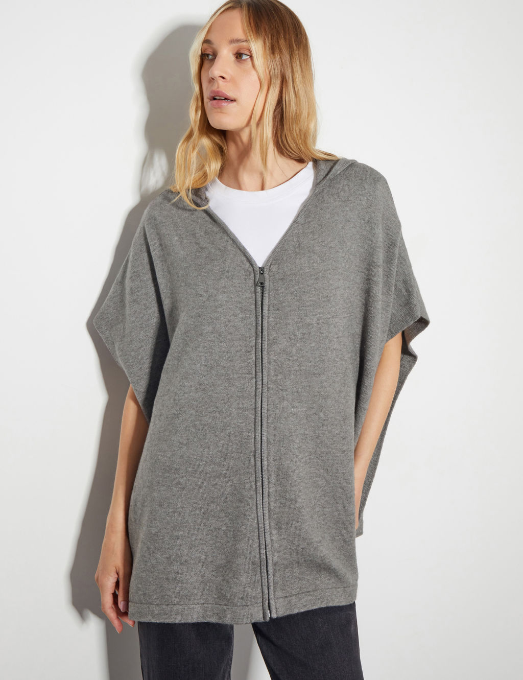 Knitted Hooded Zip Poncho