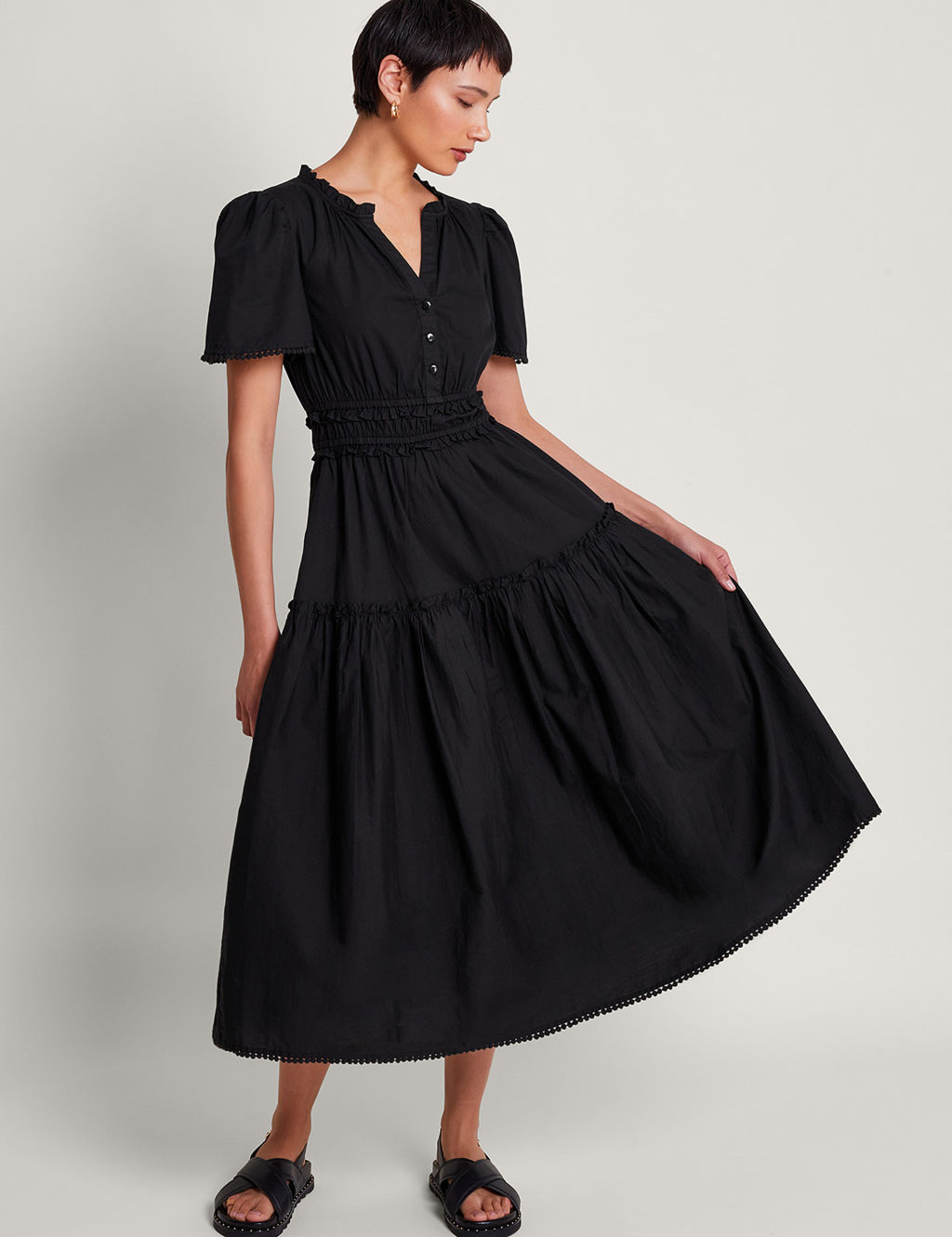 Pure Cotton Notch Neck Midi Waisted Dress