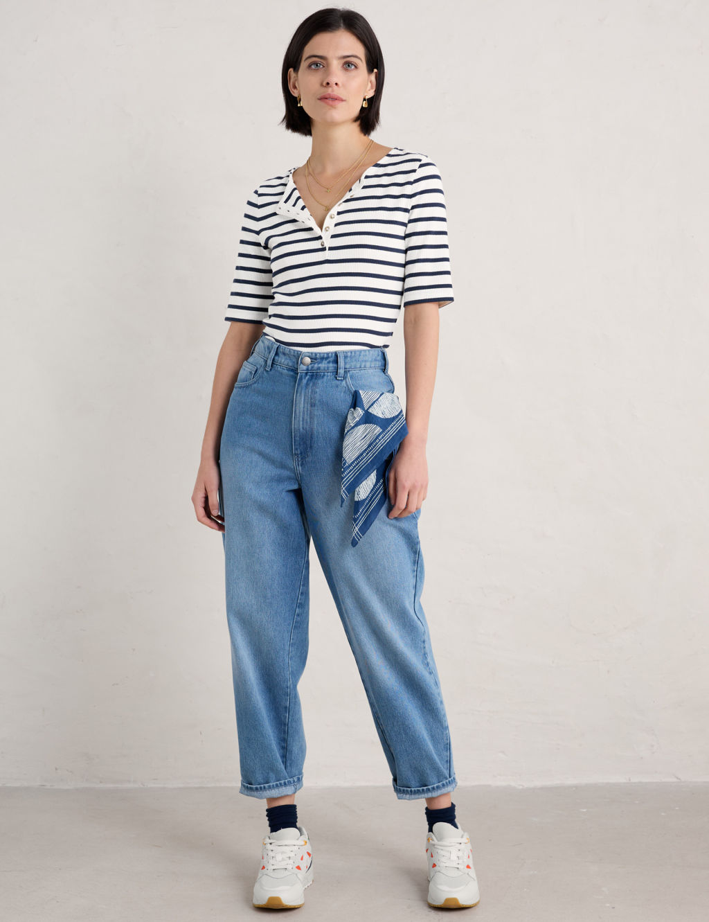 Pure Cotton Striped Ribbed Button Detail Top