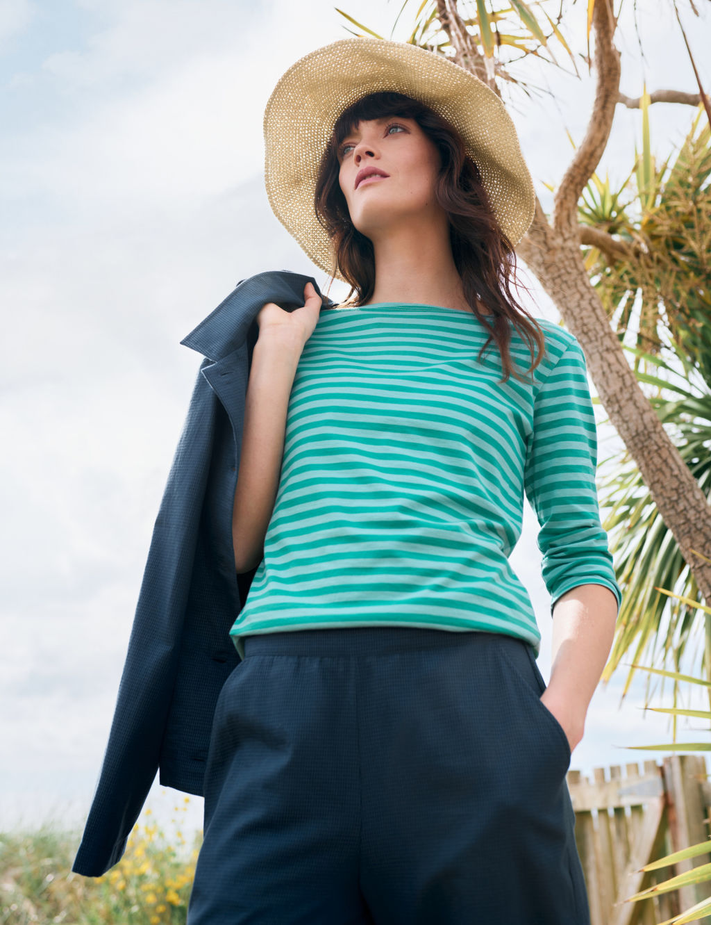Pure Cotton Striped Slash Neck Top