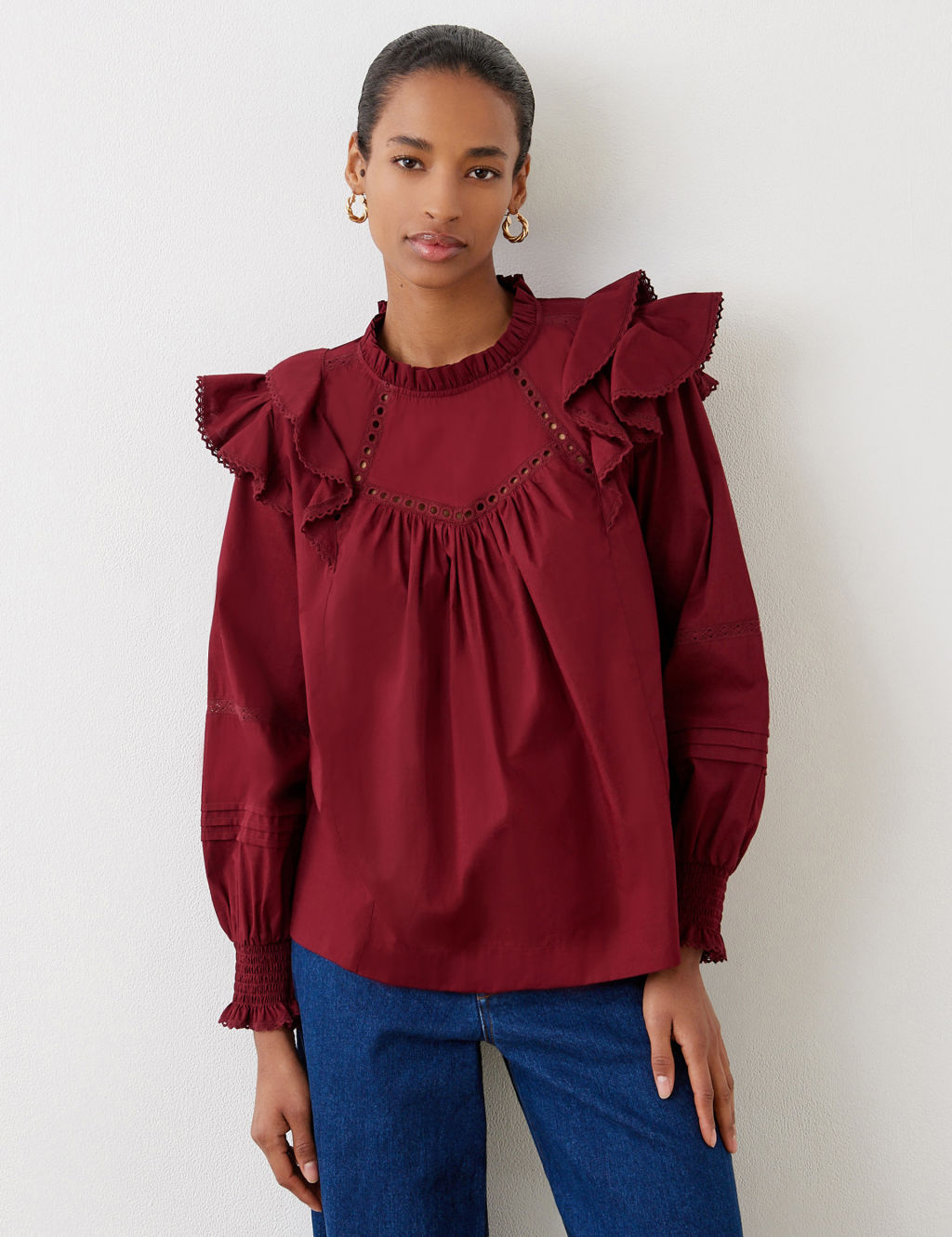 Pure Cotton Frill Neck Ruffle Blouse