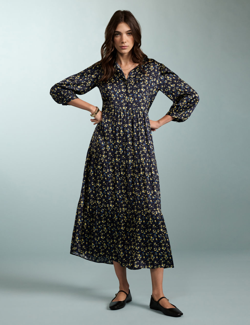 Printed Blouson Sleeve Midaxi Tiered Dress