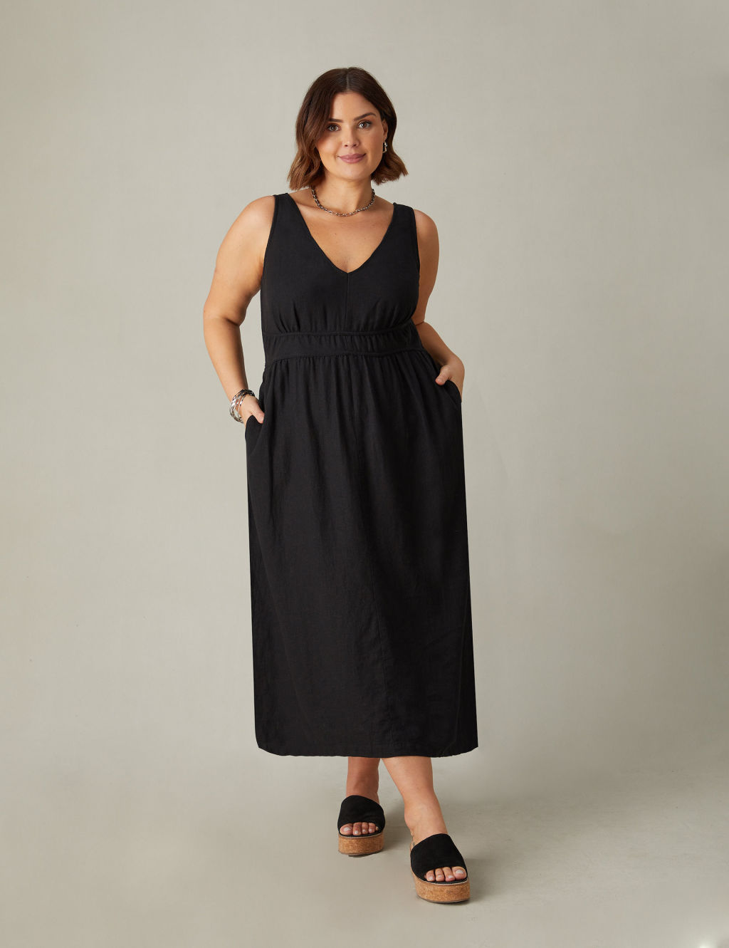 Linen Rich V-Neck Midi Waisted Dress
