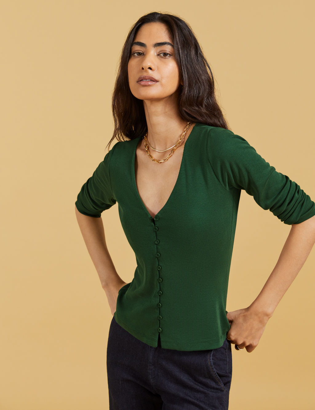 Lyocell Rich V-Neck Button Through Top