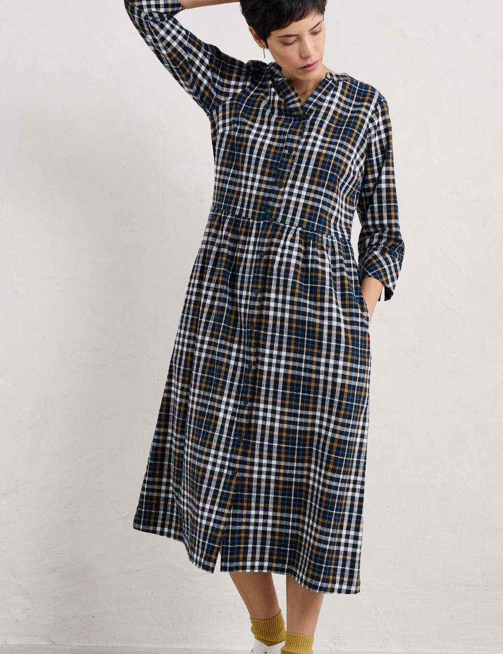 Pure Cotton Checked Midi Waisted Dress